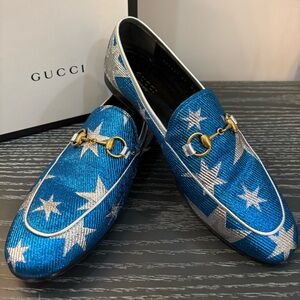 Gucci Blue and Silver Star Loafers